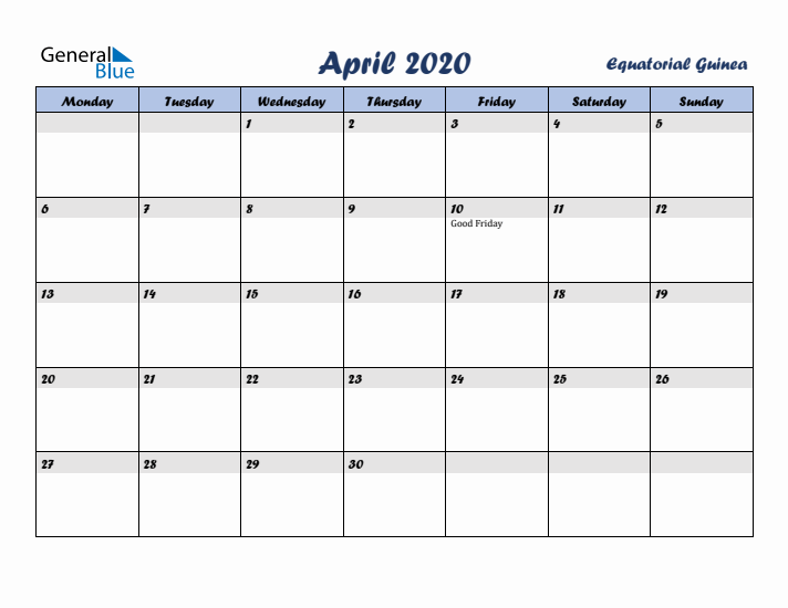 April 2020 Calendar with Holidays in Equatorial Guinea