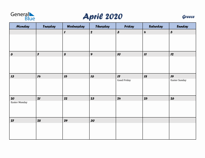 April 2020 Calendar with Holidays in Greece