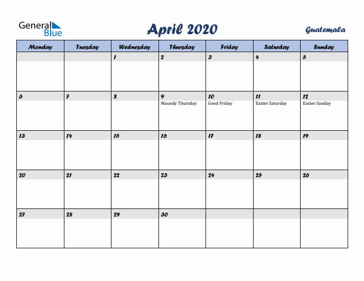 April 2020 Calendar with Holidays in Guatemala