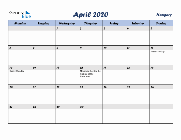 April 2020 Calendar with Holidays in Hungary