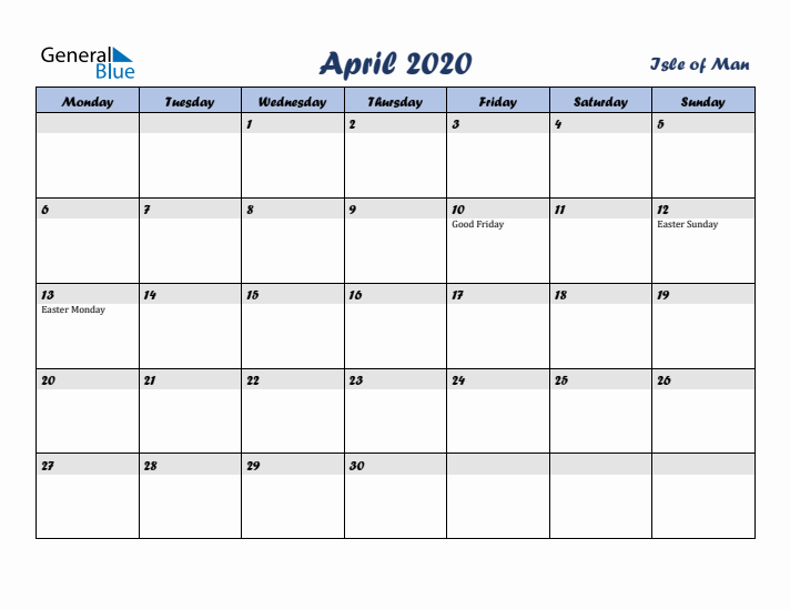 April 2020 Calendar with Holidays in Isle of Man