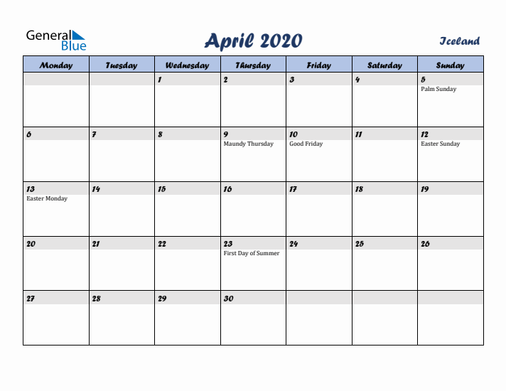 April 2020 Calendar with Holidays in Iceland