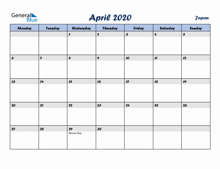 April 2020 Calendar with Holidays in Japan