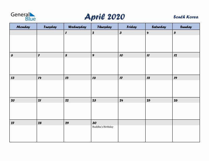 April 2020 Calendar with Holidays in South Korea