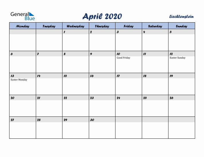 April 2020 Calendar with Holidays in Liechtenstein