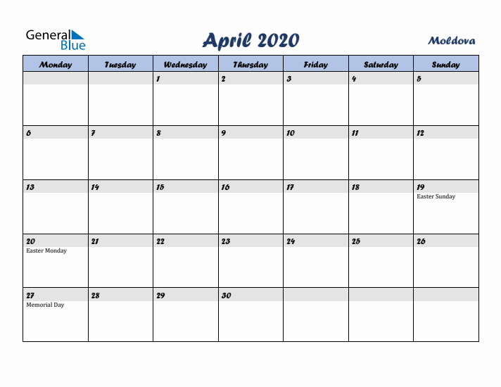 April 2020 Calendar with Holidays in Moldova