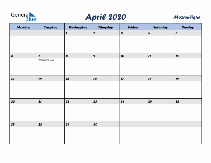 April 2020 Calendar with Holidays in Mozambique