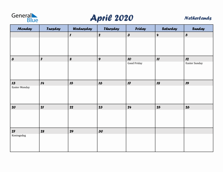 April 2020 Calendar with Holidays in The Netherlands