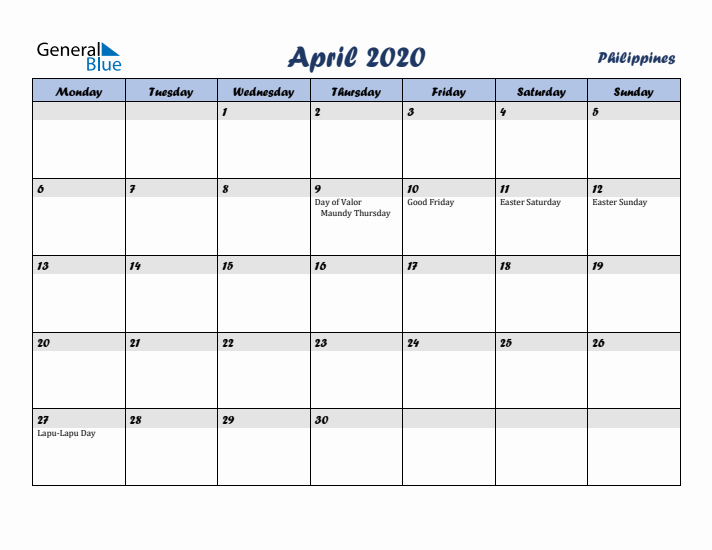 April 2020 Calendar with Holidays in Philippines