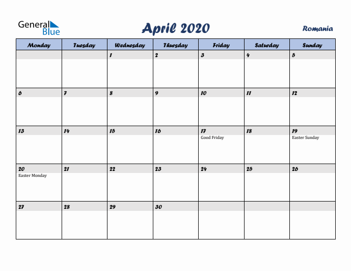 April 2020 Calendar with Holidays in Romania