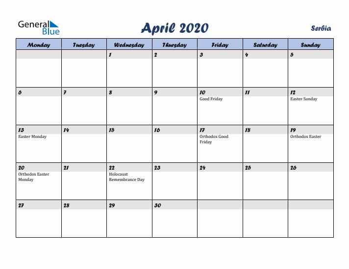 April 2020 Calendar with Holidays in Serbia
