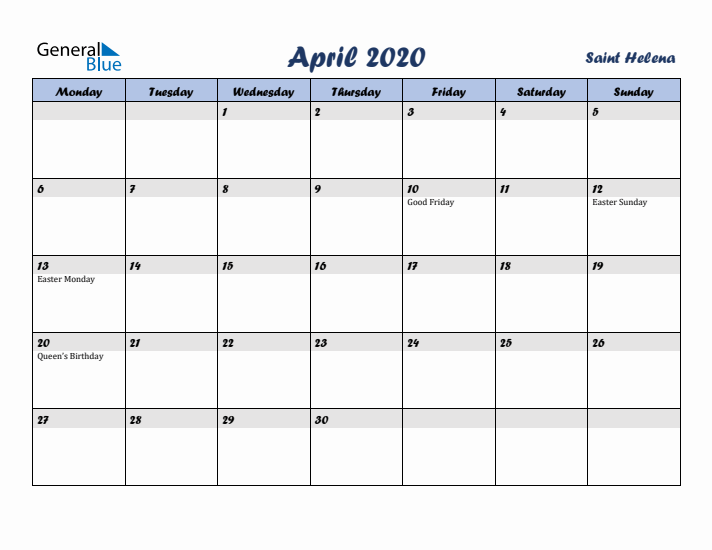 April 2020 Calendar with Holidays in Saint Helena