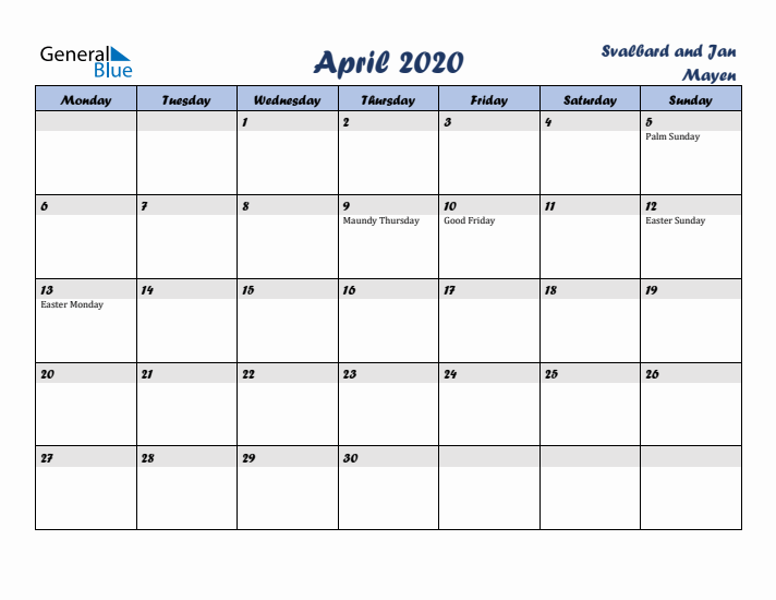 April 2020 Calendar with Holidays in Svalbard and Jan Mayen
