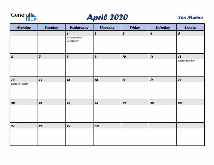 April 2020 Calendar with Holidays in San Marino