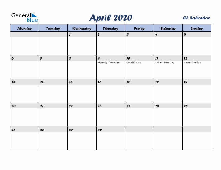 April 2020 Calendar with Holidays in El Salvador