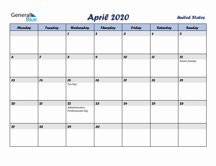 April 2020 Calendar with Holidays in United States