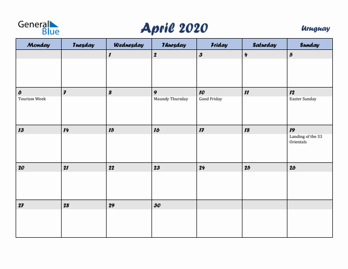 April 2020 Calendar with Holidays in Uruguay