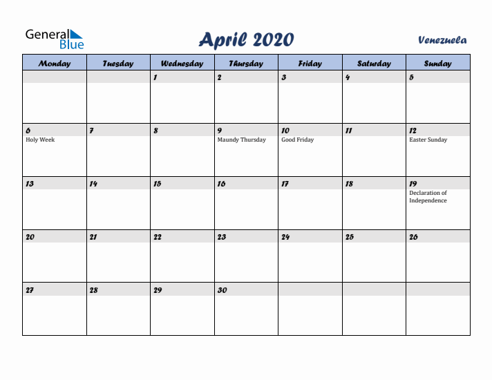 April 2020 Calendar with Holidays in Venezuela