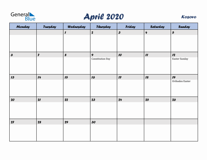 April 2020 Calendar with Holidays in Kosovo