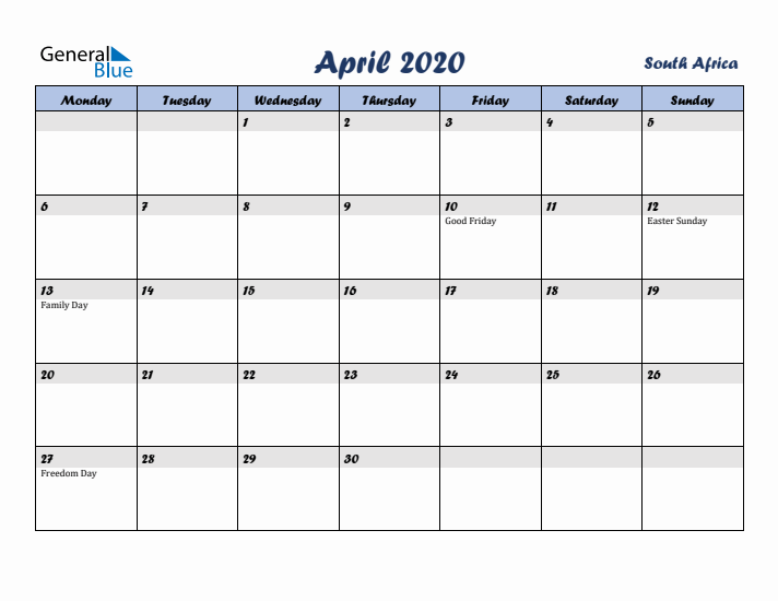 April 2020 Calendar with Holidays in South Africa