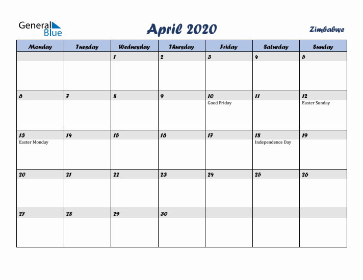 April 2020 Calendar with Holidays in Zimbabwe