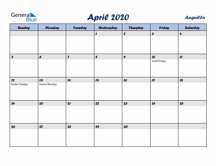 April 2020 Calendar with Holidays in Anguilla