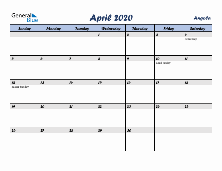 April 2020 Calendar with Holidays in Angola