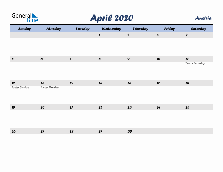 April 2020 Calendar with Holidays in Austria