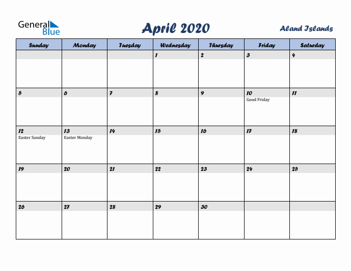 April 2020 Calendar with Holidays in Aland Islands