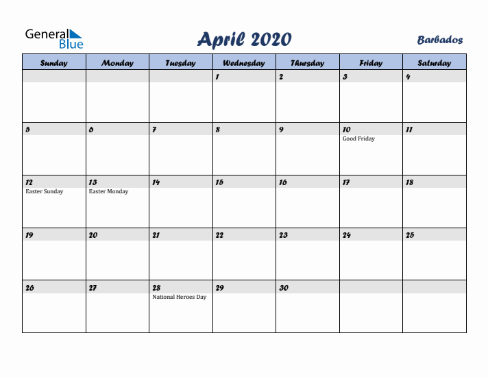 April 2020 Calendar with Holidays in Barbados