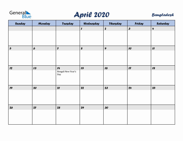 April 2020 Calendar with Holidays in Bangladesh
