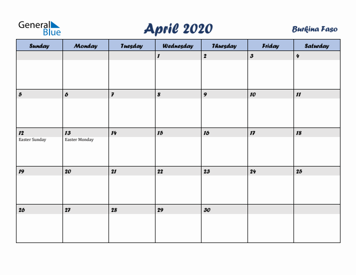 April 2020 Calendar with Holidays in Burkina Faso