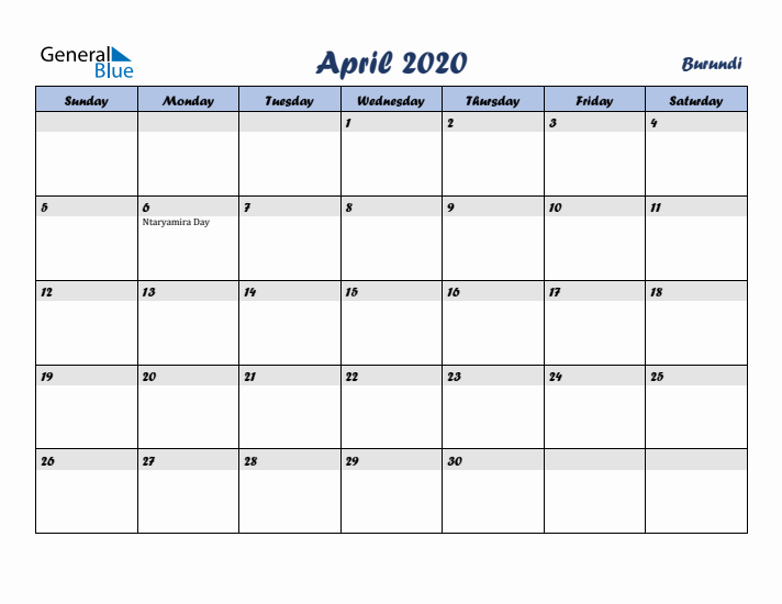 April 2020 Calendar with Holidays in Burundi