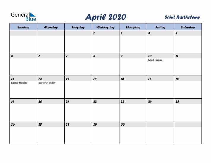 April 2020 Calendar with Holidays in Saint Barthelemy
