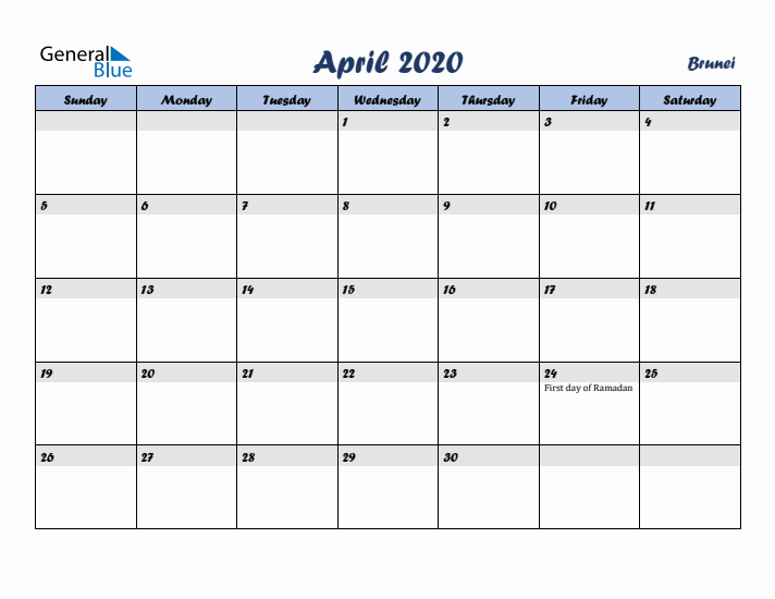 April 2020 Calendar with Holidays in Brunei