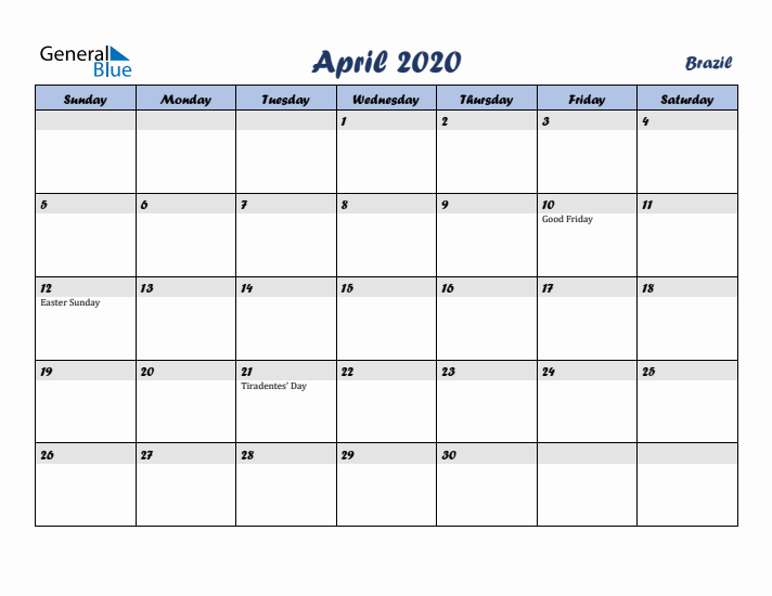 April 2020 Calendar with Holidays in Brazil