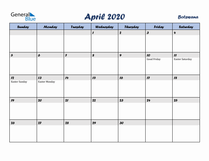 April 2020 Calendar with Holidays in Botswana