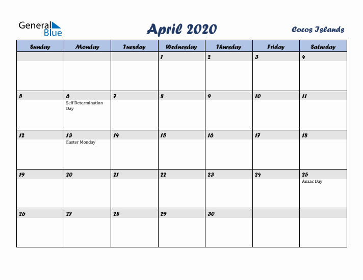 April 2020 Calendar with Holidays in Cocos Islands