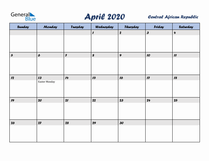 April 2020 Calendar with Holidays in Central African Republic
