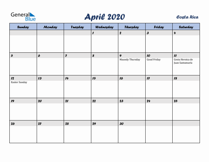 April 2020 Calendar with Holidays in Costa Rica