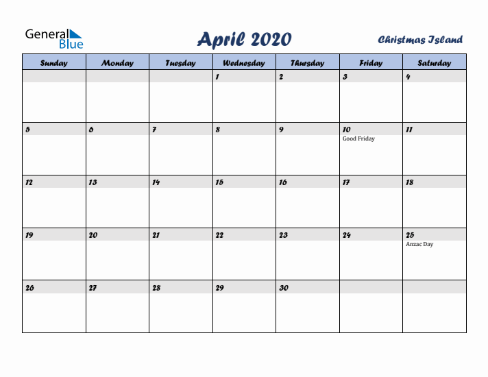April 2020 Calendar with Holidays in Christmas Island