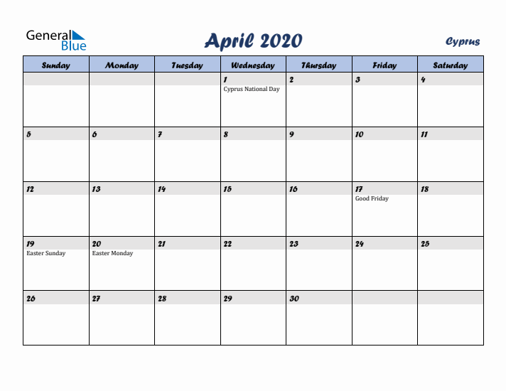 April 2020 Calendar with Holidays in Cyprus