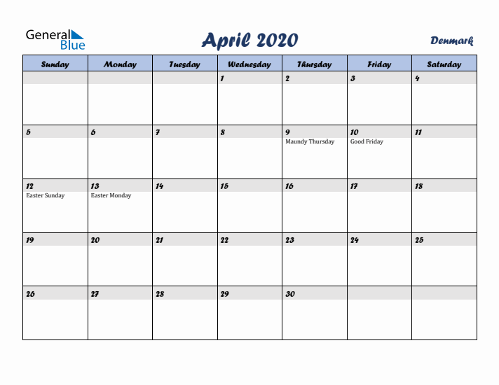 April 2020 Calendar with Holidays in Denmark