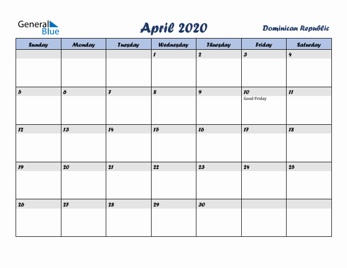 April 2020 Calendar with Holidays in Dominican Republic