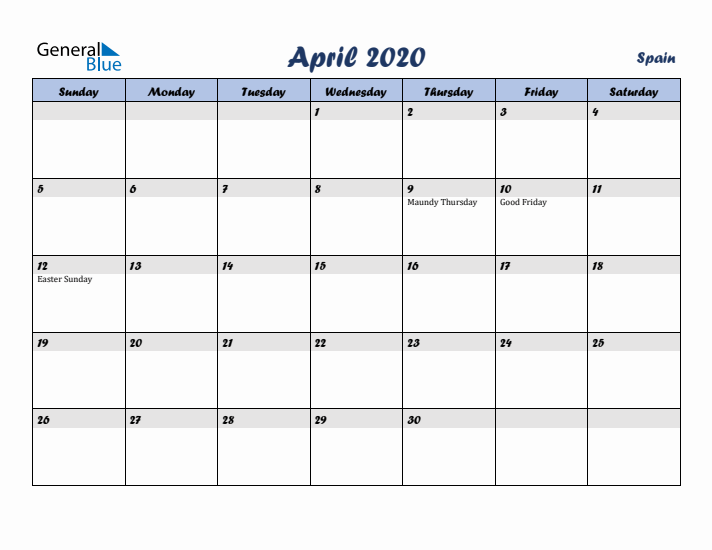 April 2020 Calendar with Holidays in Spain