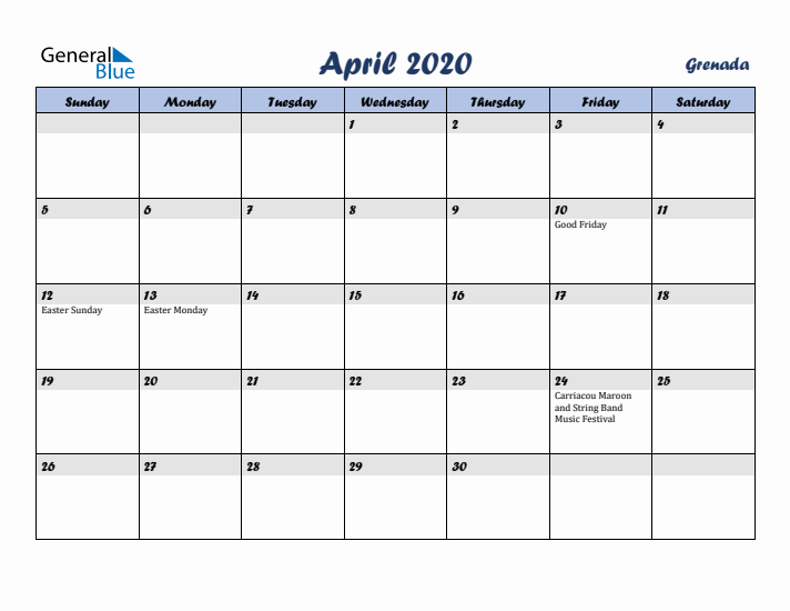 April 2020 Calendar with Holidays in Grenada