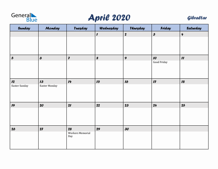 April 2020 Calendar with Holidays in Gibraltar