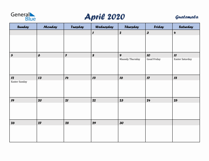 April 2020 Calendar with Holidays in Guatemala