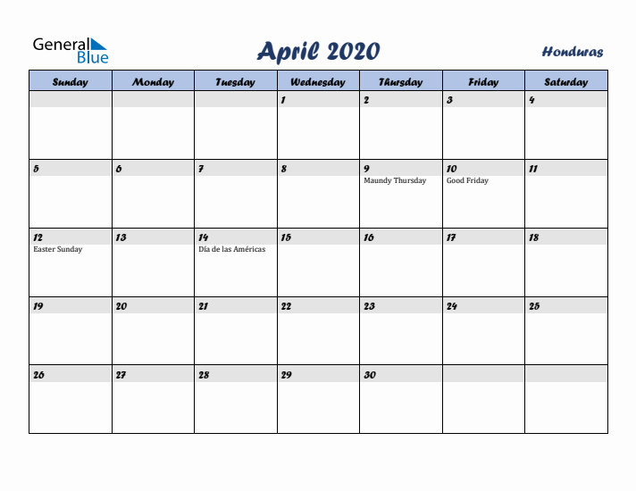 April 2020 Calendar with Holidays in Honduras