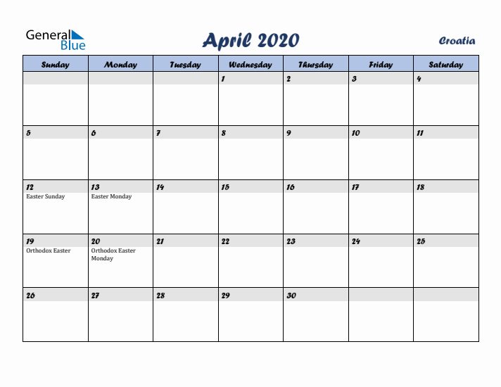 April 2020 Calendar with Holidays in Croatia